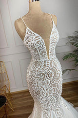 Luxurious Spaghetti Strap Plugging V neck White Sleeveless Mermaid Hollow Corset Wedding Dress outfit, Wedding Dress Idea