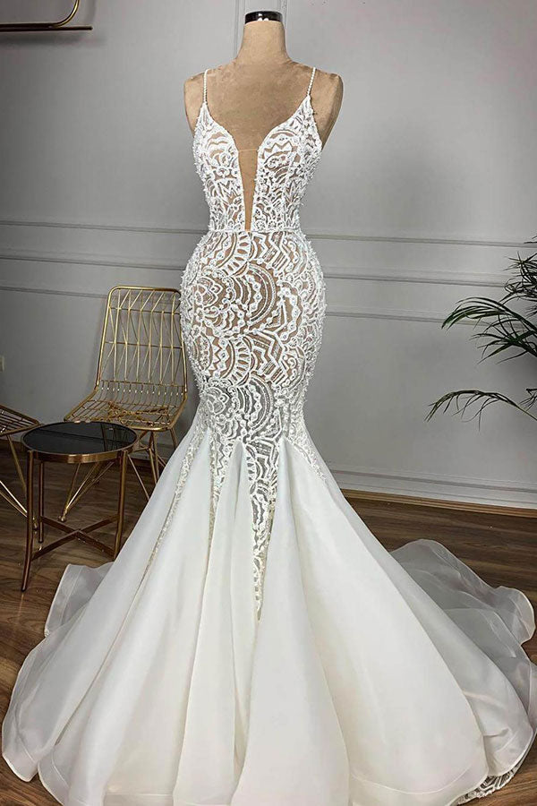 Luxurious Spaghetti Strap Plugging V neck White Sleeveless Mermaid Hollow Corset Wedding Dress outfit, Wedding Dress Strapless