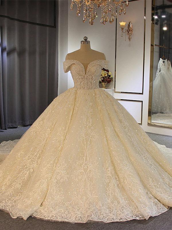 Luxury Long Corset Ball Gown Off-the-Shoulder Lace Tulle Corset Wedding Dresses with Beading outfit, Wedding Dresses 2024 Trends