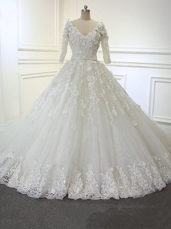 Luxury Long Corset Ball Gown V Neck Lace Corset Wedding Dresses with Sleeves Gowns, Wedding Dress Sleeve