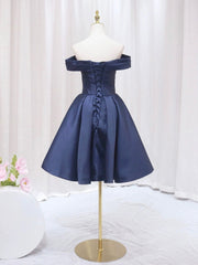 Blue V-neckline Satin Off Shoulder Party Dress, A-Line Blue Short Evening Corset Prom Dress outfits, Sweater Dress