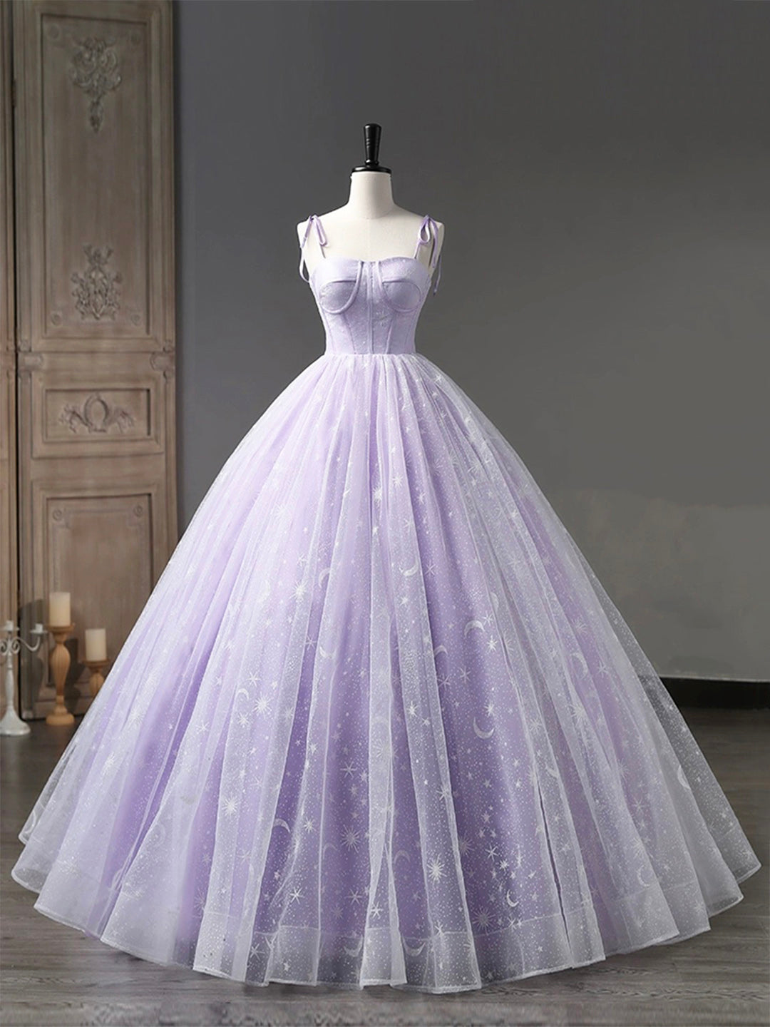 Light Purple Tulle Straps Long Corset Prom Dress, Purple A-Line Princess Dress Gowns, Reception Dress