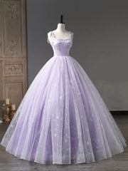 Light Purple Tulle Straps Long Corset Prom Dress, Purple A-Line Princess Dress Gowns, Gown