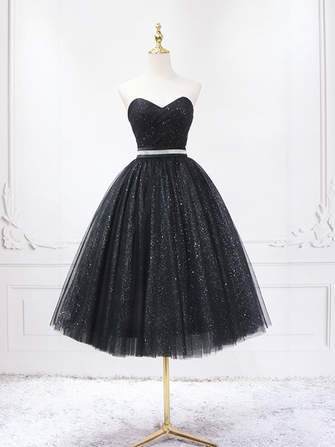 Black Shiny Tulle Tea Length Corset Prom Dress, Black Strapless A-Line Party Dress Outfits, Bridesmaid Dresses Chiffon