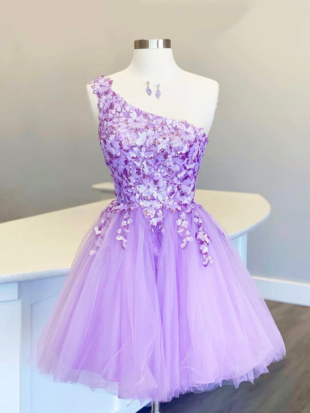 Cute Tulle Sequins Short Corset Prom Dress, Purple One Shoulder Party Dress Outfits, Homecomeing Dresses Black