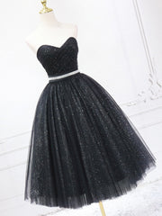 Black Shiny Tulle Tea Length Corset Prom Dress, Black Strapless A-Line Party Dress Outfits, Bridesmaid Dress Summer