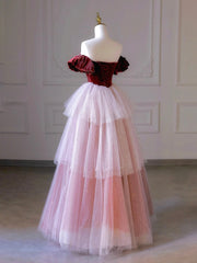 Burgundy Velvet and Layers Tulle Long Corset Prom Dress, Off the Shoulder A-Line Evening Party Dress Outfits, Long Gown