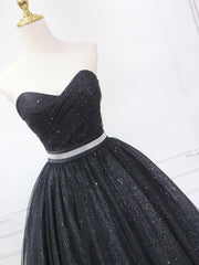 Black Shiny Tulle Tea Length Corset Prom Dress, Black Strapless A-Line Party Dress Outfits, Bridesmaids Dresses Summer