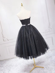 Black Shiny Tulle Tea Length Corset Prom Dress, Black Strapless A-Line Party Dress Outfits, Bridesmaides Dresses Summer