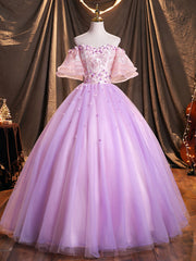 Purple Tulle Sequins Long Corset Prom Dress, A-Line Off the Shoulder Evening Party Dress Outfits, Short Prom Dress