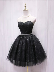 Black Strapless Tulle Knee Length Corset Prom Dress, Black A-Line Sweetheart Party Dress Outfits, Bridesmaid Dresses Shop