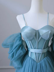 Fairy Blue Spaghetti Straps Corset Tulle Corset Prom Dress, Detachable off Shoulder Party Dress Outfits, Prom Dresses With Slit