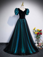 Unique Black Velvet and Tulle Long Corset Prom Dress, A-Line Short Sleeve Evening Party Dress Outfits, Party Dress Satin