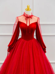 Red Velvet Tulle Floor Length Corset Prom Dress, Beautiful Long Sleeve Evening Party Dress Outfits, Party Dress For Teen