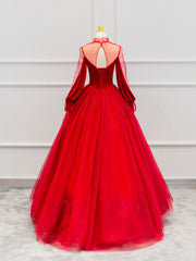 Red Velvet Tulle Floor Length Corset Prom Dress, Beautiful Long Sleeve Evening Party Dress Outfits, Party Dress For Teens