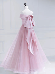 Pink Satin Tulle Long Corset Prom Dress, Pink Off Shoulder Evening Dress outfit, Bridesmaid Dress Shopping