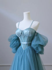 Fairy Blue Spaghetti Straps Corset Tulle Corset Prom Dress, Detachable off Shoulder Party Dress Outfits, Prom Dress With Slit