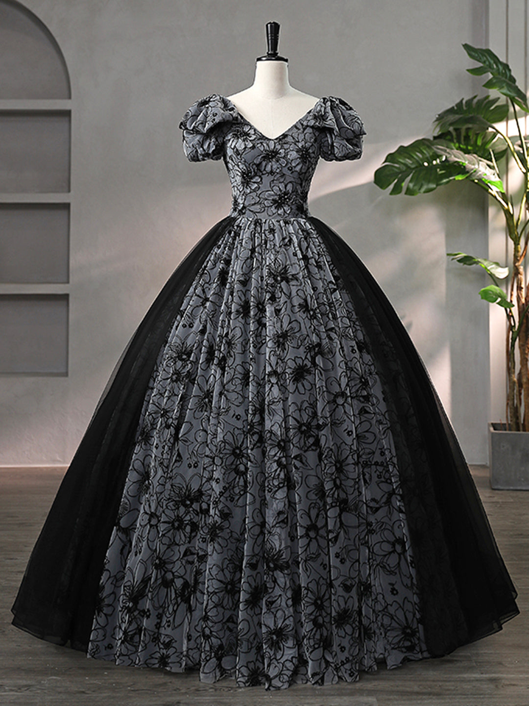 Beautiful Black Rhinestone Flower Corset Prom Dress, Black V-Neck Short Sleeve Evening Dress outfit, Bridesmaid Dress Online