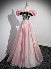 A-Line Shiny Tulle Long Pink Corset Corset Prom Dress, Off the Shoulder Pink Evening Dress outfit, Prom Dresses Brown
