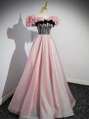 A-Line Shiny Tulle Long Pink Corset Corset Prom Dress, Off the Shoulder Pink Evening Dress outfit, Black Dress