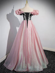 A-Line Shiny Tulle Long Pink Corset Corset Prom Dress, Off the Shoulder Pink Evening Dress outfit, Prom Dresses For Kids