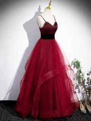 Burgundy Spaghetti Strap Tulle Long Corset Corset Prom Dress, A-Line Evening Party Dress Outfits, Formal Dressed Long Gowns