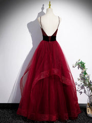 Burgundy Spaghetti Strap Tulle Long Corset Corset Prom Dress, A-Line Evening Party Dress Outfits, Formal Dress Long Gown