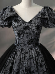 Beautiful Black Rhinestone Flower Corset Prom Dress, Black V-Neck Short Sleeve Evening Dress outfit, Bridesmaid Dresses Color Schemes