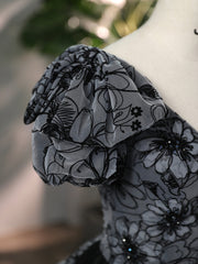 Beautiful Black Rhinestone Flower Corset Prom Dress, Black V-Neck Short Sleeve Evening Dress outfit, Bridesmaids Dresses Color Schemes