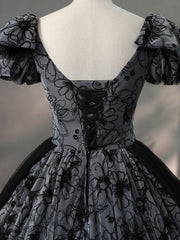 Beautiful Black Rhinestone Flower Corset Prom Dress, Black V-Neck Short Sleeve Evening Dress outfit, Bridesmaid Dress Color Schemes