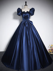 Elegant Blue Satin Floor-Length Corset Prom Dresses, Square Neckline Puffy Short Sleeve Bow Corset Formal Dresses outfit, Prom Dress Unique