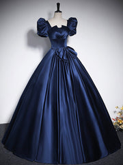 Elegant Blue Satin Floor-Length Corset Prom Dresses, Square Neckline Puffy Short Sleeve Bow Corset Formal Dresses outfit, Prom Dress Beautiful