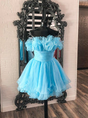 Lovely Blue Strapless A-Line Short Corset Prom Dress, Organza Pleated Ruffle Tiered Corset Homecoming Dress outfit, Vintage Dress