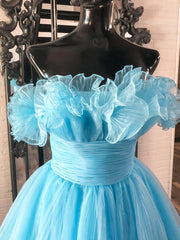 Lovely Blue Strapless A-Line Short Corset Prom Dress, Organza Pleated Ruffle Tiered Corset Homecoming Dress outfit, Classy Prom Dress