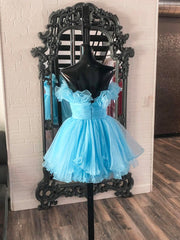 Lovely Blue Strapless A-Line Short Corset Prom Dress, Organza Pleated Ruffle Tiered Corset Homecoming Dress outfit, Short Dress