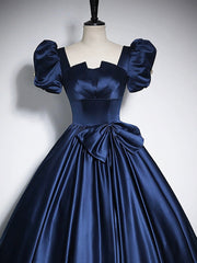 Elegant Blue Satin Floor-Length Corset Prom Dresses, Square Neckline Puffy Short Sleeve Bow Corset Formal Dresses outfit, Prom Dresses Unique