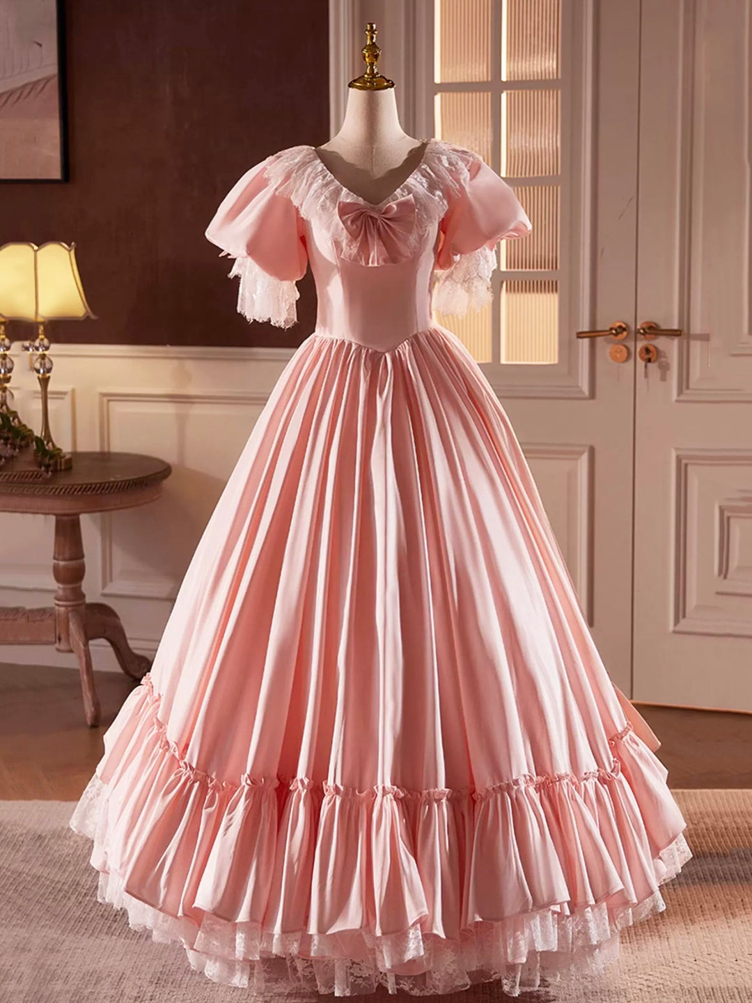 Pink Satin Lace Long Corset Prom Dress, Beautiful A-Line V-Neck Evening Dress outfit, Bridesmaids Dresses Summer