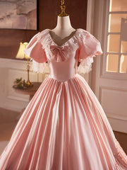 Pink Satin Lace Long Corset Prom Dress, Beautiful A-Line V-Neck Evening Dress outfit, Bridesmaid Dress Summer