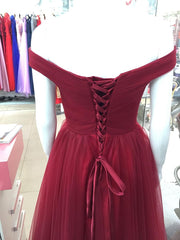 Maroon Off Shoulder Corset Bridesmaid Dress Long, Simple Tulle Dress outfit, Prom Dresses Lace