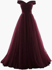 Maroon Off Shoulder Corset Bridesmaid Dress Long, Simple Tulle Dress outfit, Prom Dress Ball Gown