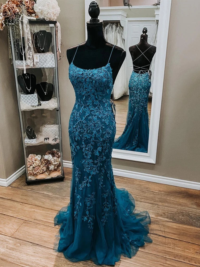 Mermaid Backless Dark Teal Lace Long Corset Prom Dresses outfit, Party Dresses Size 29