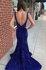Mermaid Blue V-Neck Sequins Long Corset Prom Dress outfits, Mermaid Blue V-Neck Sequins Long Prom Dress