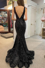 Mermaid Deep V Neck Black Sequins Long Corset Prom Dress with Open Back outfit, Mermaid Deep V Neck Black Sequins Long Prom Dress with Open Back