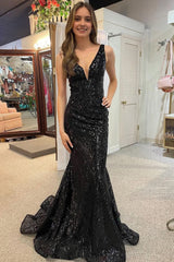 Mermaid Deep V Neck Black Sequins Long Corset Prom Dress with Open Back outfit, Mermaid Deep V Neck Black Sequins Long Prom Dress with Open Back
