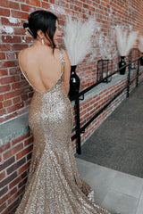 Mermaid Deep V Neck Champagne Sequins Long Corset Prom Dress with Sweep Train outfits, Mermaid Deep V Neck Champagne Sequins Long Prom Dress with Sweep Train