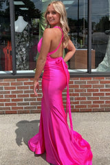 Mermaid Deep V Neck Hot Pink Long Corset Prom Dress with Backless outfit, Mermaid Deep V Neck Hot Pink  Long Prom Dress with Backless