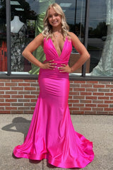 Mermaid Deep V Neck Hot Pink Long Corset Prom Dress with Backless outfit, Mermaid Deep V Neck Hot Pink  Long Prom Dress with Backless