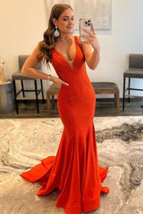 Mermaid Deep V Neck Orange Long Corset Prom Dress with Beading outfit, Mermaid Deep V Neck Orange Long Prom Dress with Beading