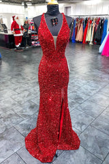 Mermaid Deep V Neck Red Sequins Long Corset Prom Dress with Open Back outfit, Mermaid Deep V Neck Red Sequins Long Prom Dress with Open Back