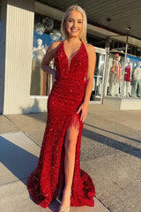 Mermaid Deep V Neck Red Sequins Long Corset Prom Dress with Open Back outfit, Mermaid Deep V Neck Red Sequins Long Prom Dress with Open Back